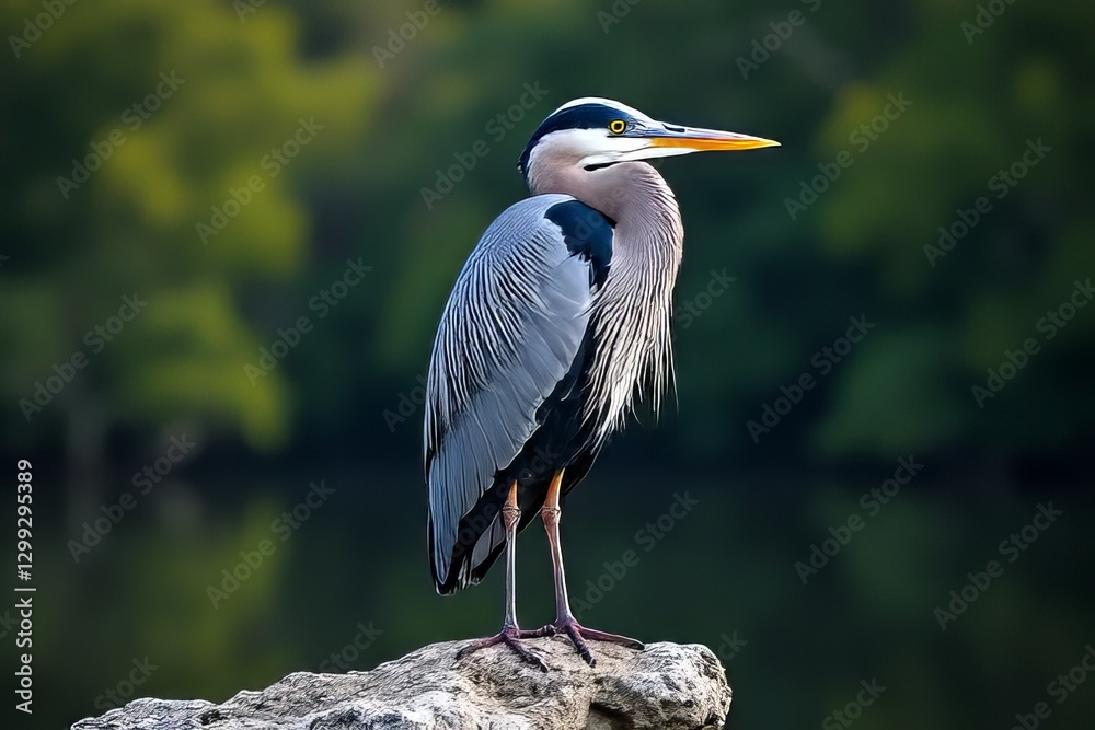 Obraz premium Majestic Great Blue Heron Perched on Rock by Water