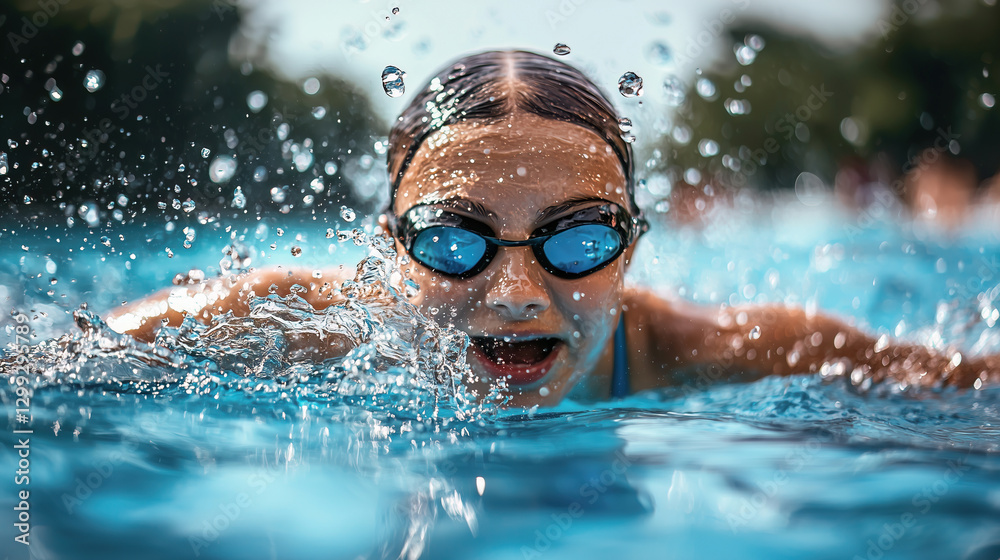 Determined swimmer emerges from water with blue goggles, captured mid-stroke with dynamic water droplets splashing around face in turquoise pool.