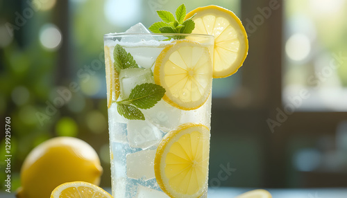  tall glass of homemade lemonade, filled with ice, fresh lemon slices, and a sprig of mint. 