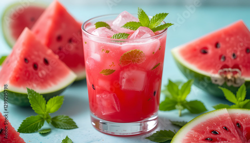  bright pink watermelon juice in a clear glass, with ice cubes and mint leaves floating on top. Juicy watermelon slices surround the glass.