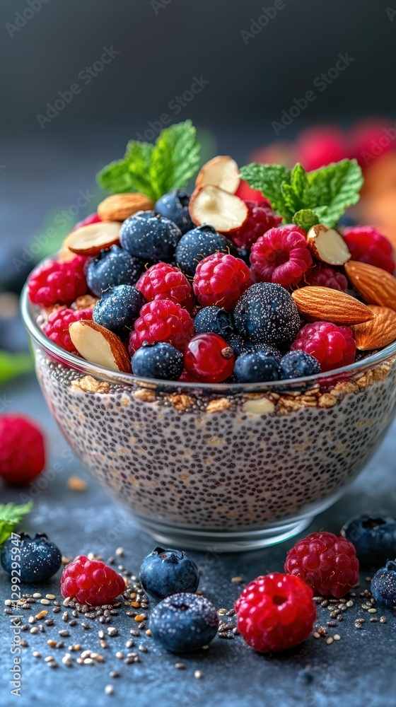 Chia seed pudding topped with fresh berries and nuts for a healthy breakfast or snack option Chia seed pudding topped with fresh berries and nuts for a healthy breakfast or snack option