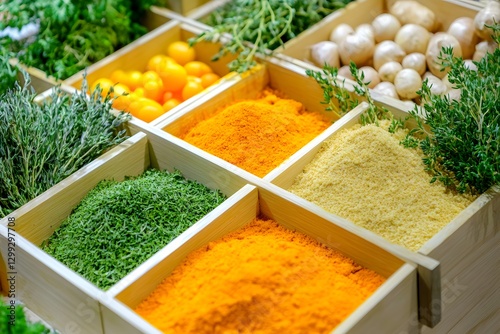 Fototapeta Naklejka Na Ścianę i Meble -  Aromatic Pantry: A close-up perspective of a wooden organizer showcases an array of vibrant culinary ingredients, from finely ground spices to fresh herbs and vegetables, promising a world of flavors.