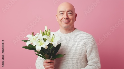 Wallpaper Mural Smiling man in white sweater holding bouquet of lilies on pink background Torontodigital.ca
