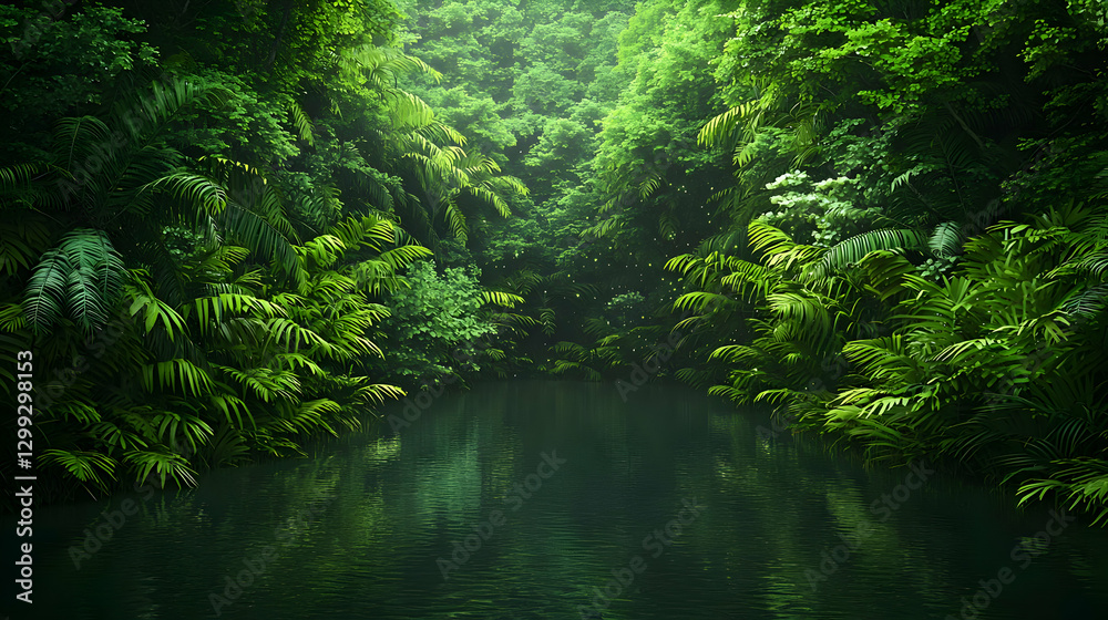 Fototapeta premium Lush Green Forest Reflections On Still Water Surface With Sunlight Illumination