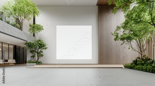 Modern Minimalist Interior Design with Indoor Greenery and Blank Canvas