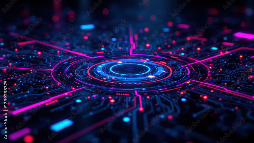 Fototapeta premium Coding universe with neon colored digital grids representing CI/CD pipelines, Docker containers, Kubernetes clusters, and DevOps ecosystem.
