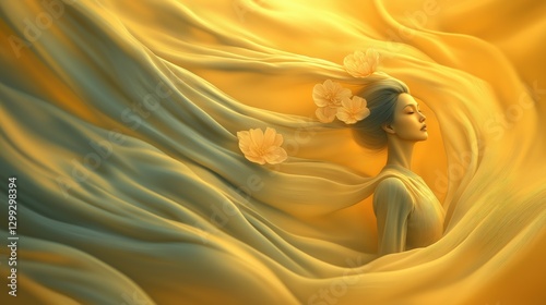 Wallpaper Mural Dreamy goddess with long flowing hair and golden flowers in motion Torontodigital.ca