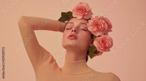 Minimalist woman with soft pink roses in her hair, embracing gentle elegance