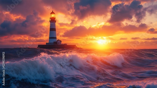 Lighthouse shining brightly at sunset over stormy sea waves