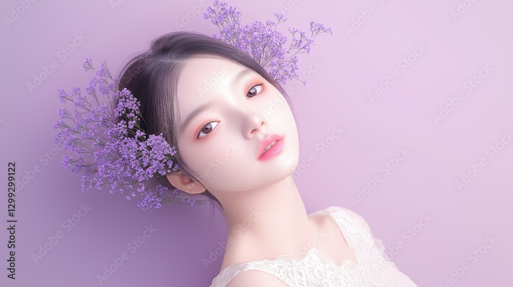 Delicate young woman with pastel lilac flowers in her hair, set against a soft purple background Delicate young woman with pastel lilac flowers in her hair, set against a soft purple background