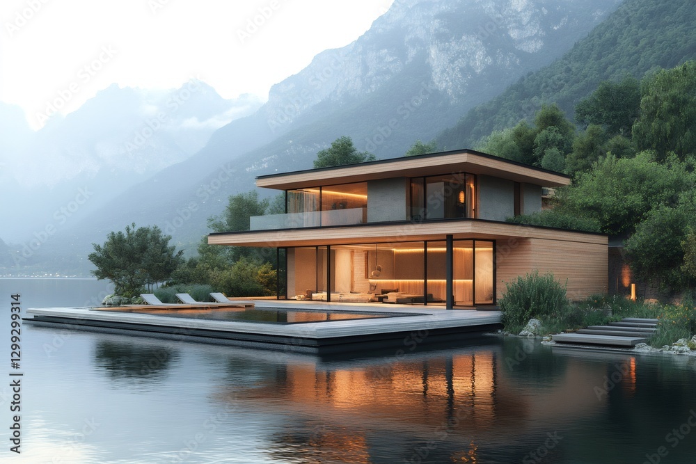 Naklejka premium Modern lake house reflecting on calm water at sunset with mountain view