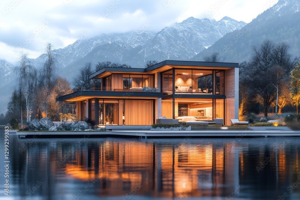Fototapeta premium Modern lakeside house reflecting in calm water at sunset with mountain view