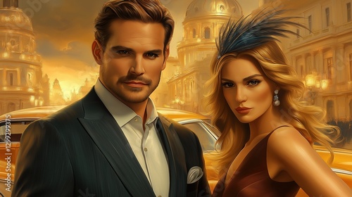 Wallpaper Mural Stylish couple in golden eveningwear in vintage cityscape at sunset Torontodigital.ca