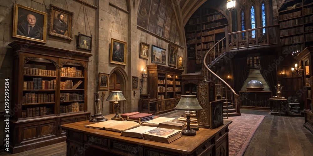 Interior of a grand library with ancient books and ornate furnishings in a historical setting, evoking a scholarly atmosphere Interior of a grand library with ancient books and ornate furnishings in a historical setting, evoking a scholarly atmosphere