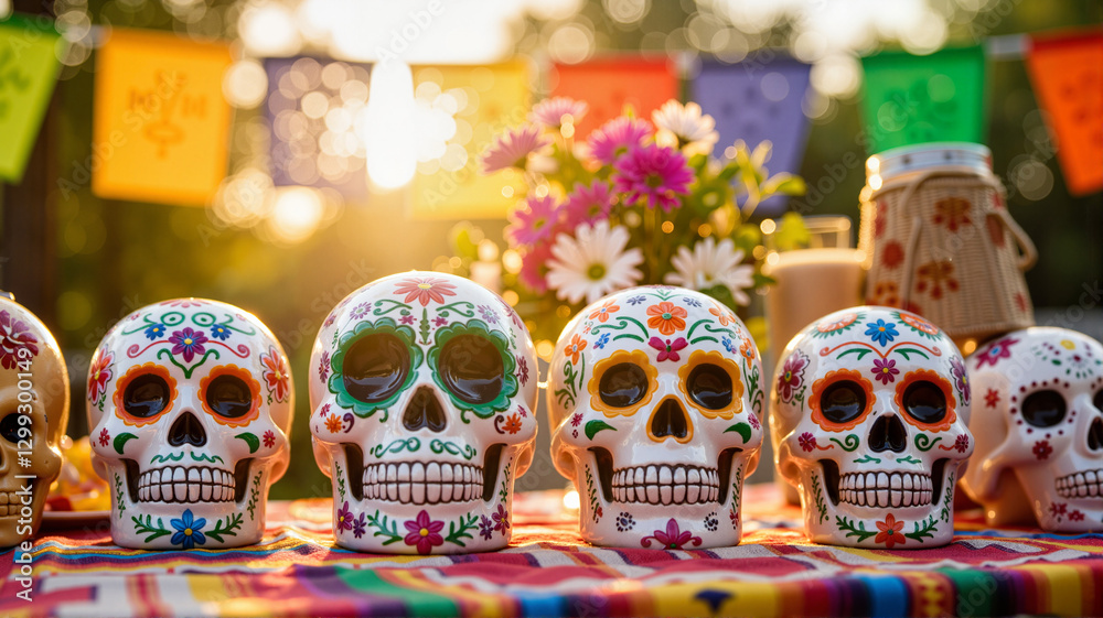 Fototapeta premium Colorful Mexican sugar skulls on festive table in sunlight, Cinco de Mayo
