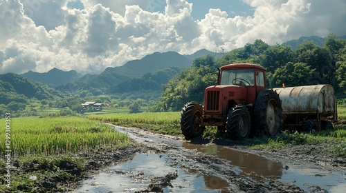 Red tractor on muddy rural road, rice paddy, mountains