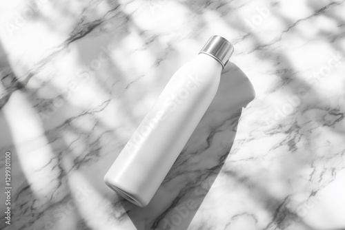 Minimalist composition featuring a sleek white reusable water bottle positioned on a smooth marble surface, creating subtle reflections and empty space for design mockup needs