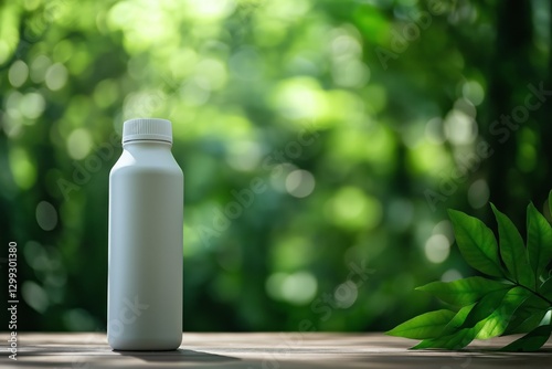 Minimalist reusable water bottle on wooden table with natural light and blurred greenery in the background for design mockup and eco-friendly lifestyle inspiration