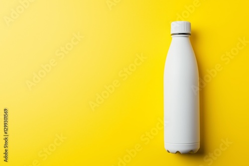 Minimalist reusable water bottle on soft pastel yellow background for design mockup, showcasing modern sustainability and hydration solutions in a clean composition