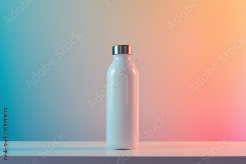 Minimalist stock photography of a white reusable water bottle on a white table against a soft gradient background for design mockup purposes