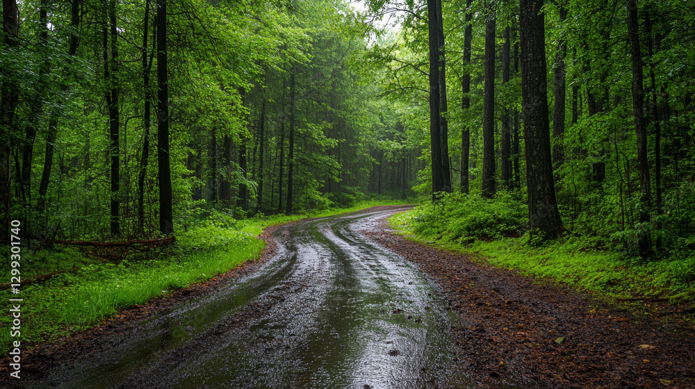 Fototapeta premium Winding rain-soaked path through lush forest nature scene tranquil landscape serene setting atmospheric view