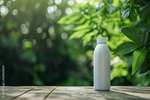 Minimalist view of a white reusable water bottle on a textured wooden table surrounded by lush greenery in soft natural light, perfect for design mockups and eco-friendly themes photo