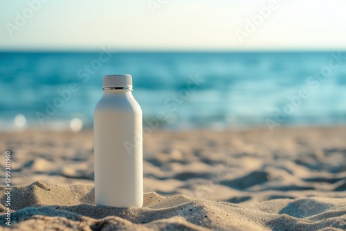 Minimalist white reusable water bottle on sandy beach with ocean in the background highlighting sustainable living and outdoor lifestyle