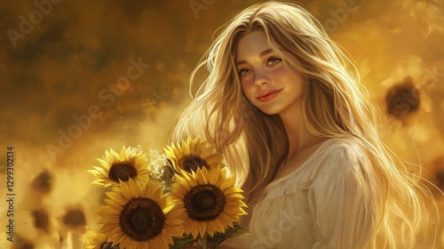 Sun-Kissed Young Woman Holding Sunflowers