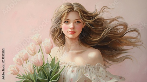 Feminine Portrait with Flowing Hair and Tulips in Romantic Style