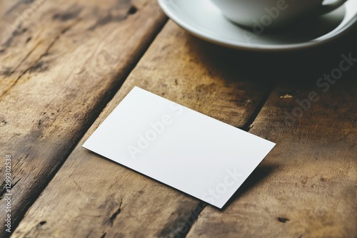 Blank business card resting on warm wooden surface with coffee cup in background, creating a minimalist design mockup for branding and personal use