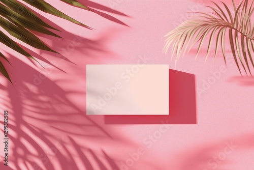 Blank business card positioned elegantly on a soft pastel pink background surrounded by minimalistic greenery for an appealing design mockup