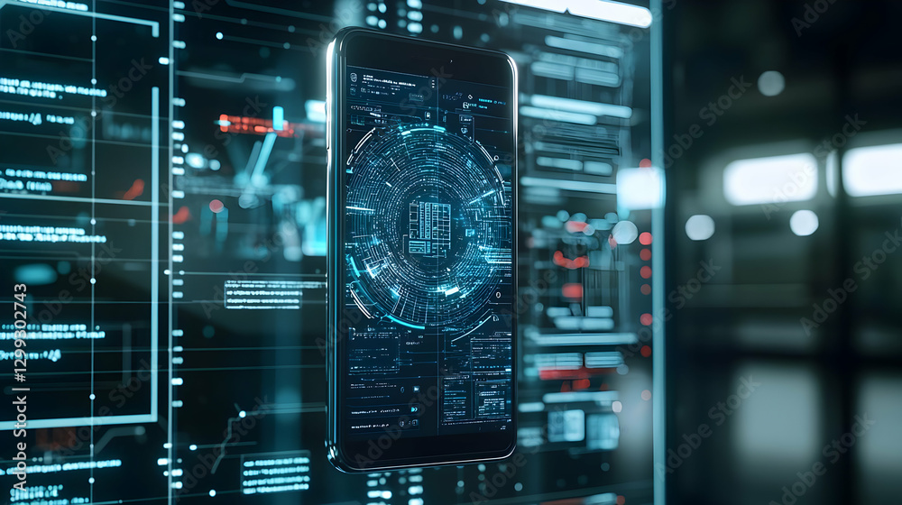 Digital Display Showing Binary Data And Circuit Board Elements Displayed On A Smartphone In A Futuristic Dark Environment