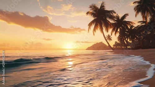 Tropical Beach Sunset with Gentle Waves and Palm Trees