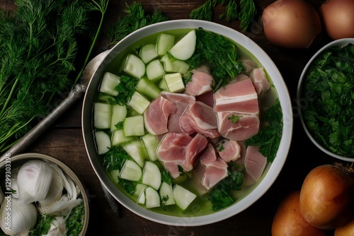 Fresh ingredients for hernekeitto are arranged in bowl, featuring meat, potatoes, and herbs. Concept focuses on hernekeitto preparation with vibrant greens enhancing presentation photo