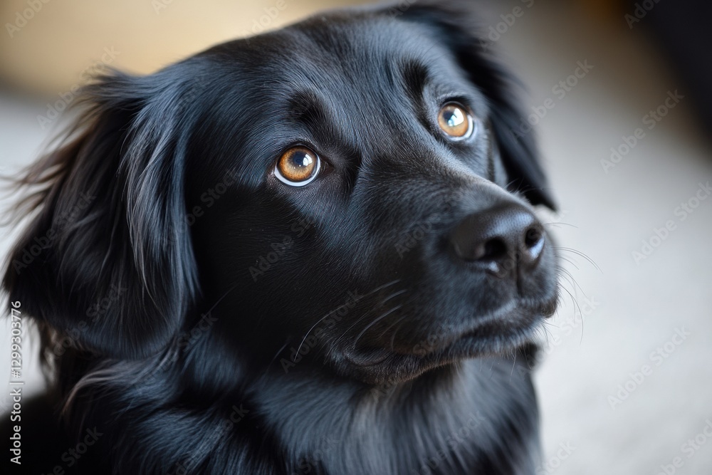 Black dog with expressive eyes looking curiously at the camera in a cozy indoor setting Black dog with expressive eyes looking curiously at the camera in a cozy indoor setting