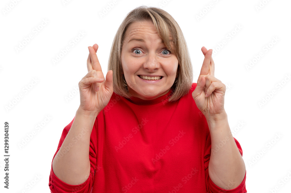 A cheerful woman in a red sweater smiling and crossing her fingers against a white background. A cheerful woman in a red sweater smiling and crossing her fingers against a white background.