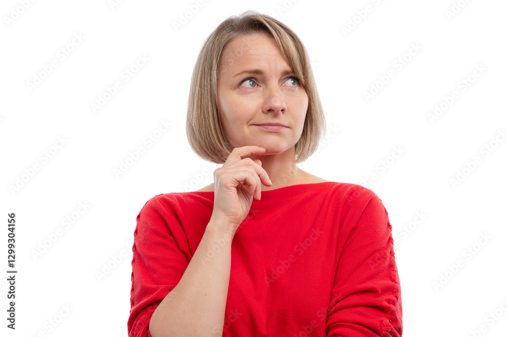 A thoughtful woman in a red sweater looking up with a pensive expression against a white background. A thoughtful woman in a red sweater looking up with a pensive expression against a white background.