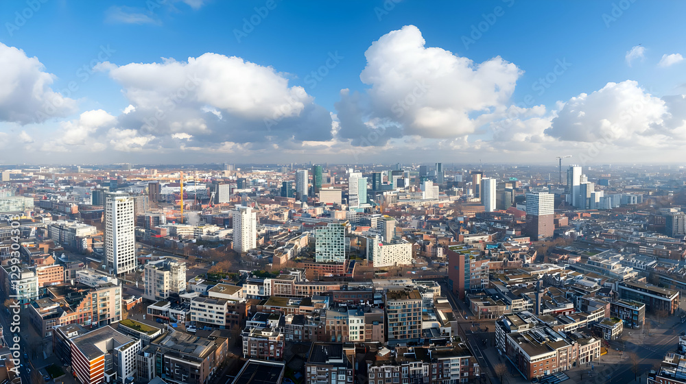 Obraz premium Aerial Panorama Of A City Showing A Dense Urban Landscape With Blue Cloudy Sky And Modern Architecture