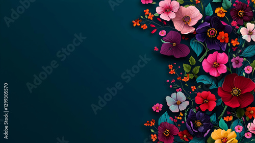 Wallpaper Mural Vibrant Floral Arrangement Against A Dark Blue Background with Red Pink Purple Yellow Orange Petals and Green Leaves Torontodigital.ca