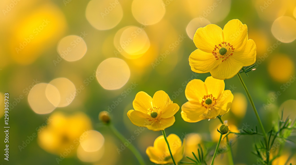 Fototapeta premium Vibrant yellow buttercup flowers blooming in nature close-up photography sunny environment soft focus viewpoint