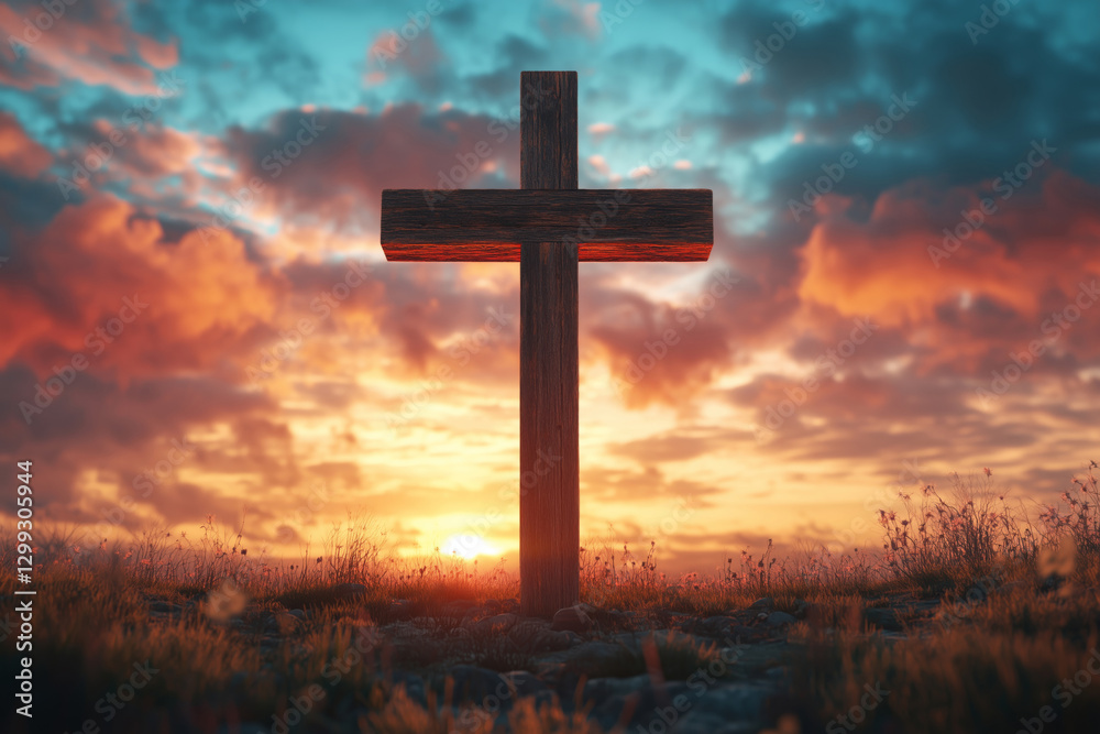 Blessing the crucifix under a colorful sunrise in a tranquil setting Blessing the crucifix under a colorful sunrise in a tranquil setting