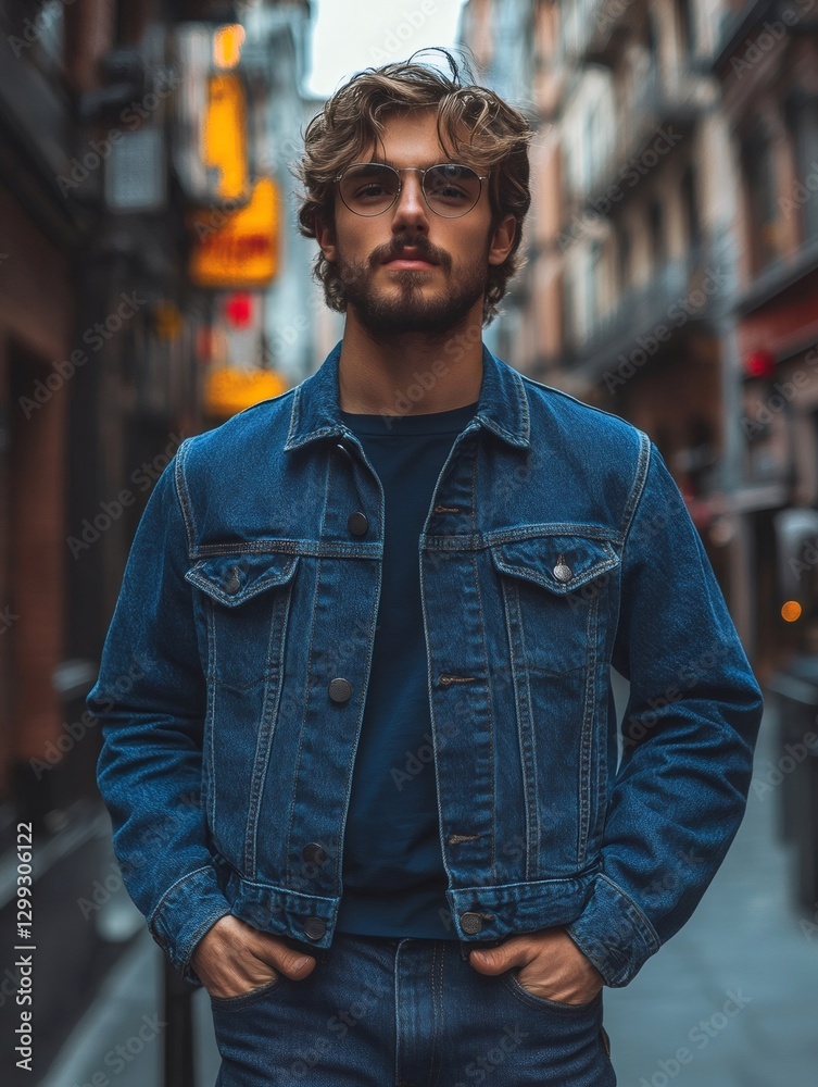 Young man wearing denim jacket and glasses posing in city street Young man wearing denim jacket and glasses posing in city street