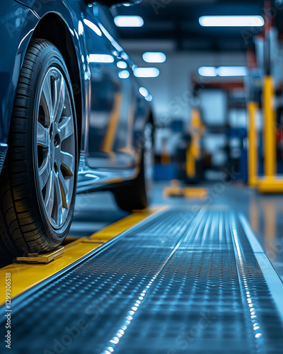 Modern vehicle supported by a floor jack lift in an auto service garage