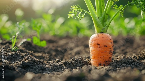International carrot day with vegetable and harvest idea. Fresh carrot growing in rich soil with green foliage.