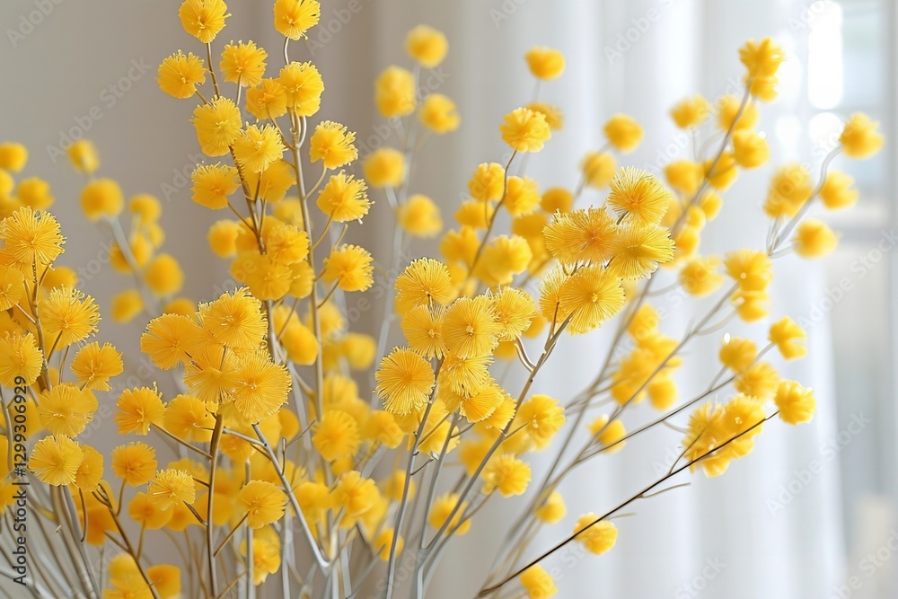 Macro Photography of Silver Wattle Branch with Vibrant Yellow Fluffy Balls and Leaves on White Background, Highlighting Mimosa Spring Flowers Beauty.
