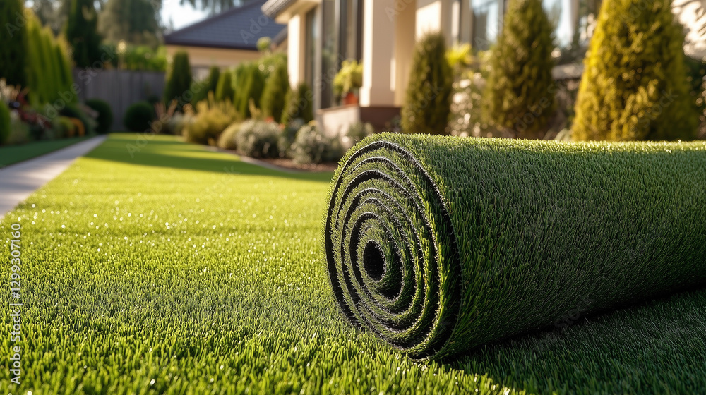 Naklejka premium Zielona trawa w rolce przed domem w ogrodzie
