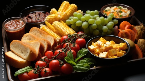 Wallpaper Mural Delicious Summer BBQ Feast: A Vibrant Tray of Grilled Corn, Juicy Tomatoes, and Sweet Grapes, Ready for a Picnic Torontodigital.ca