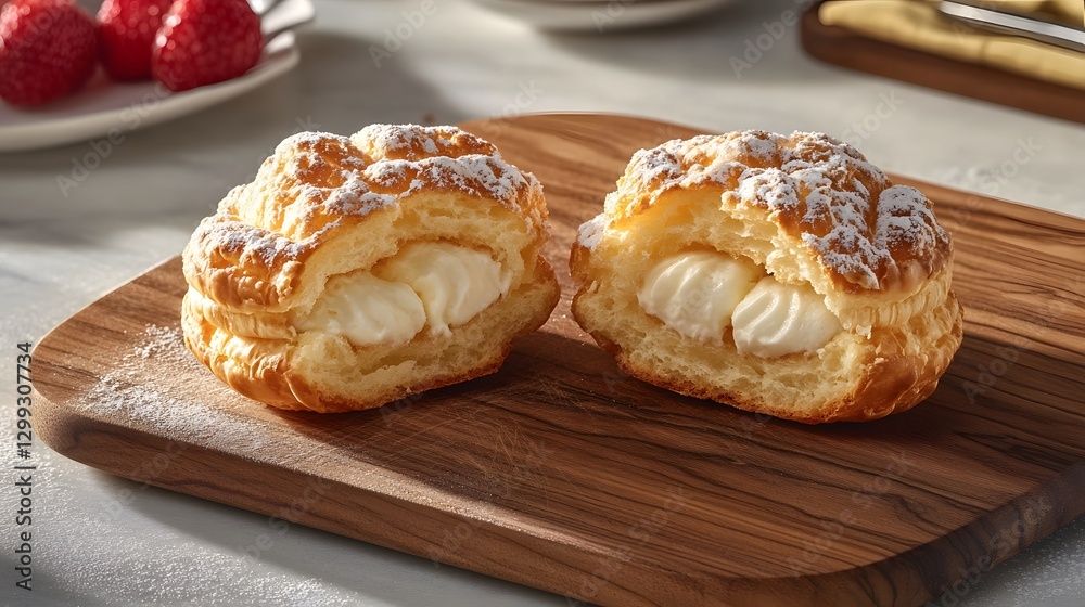Cream Puff Pastry Dessert Two Halves Wooden Board Cream Puff Pastry Dessert Two Halves Wooden Board