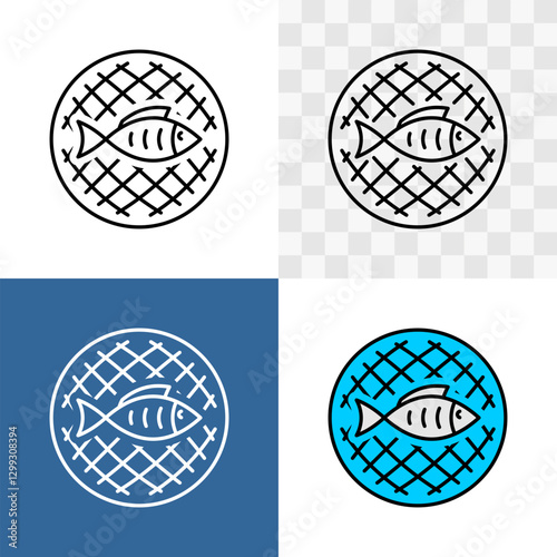 Fish in a fishing net round line style symbol. Fish catch in the open sea with seine concept badge. Wild caught icon. Editable stroke.