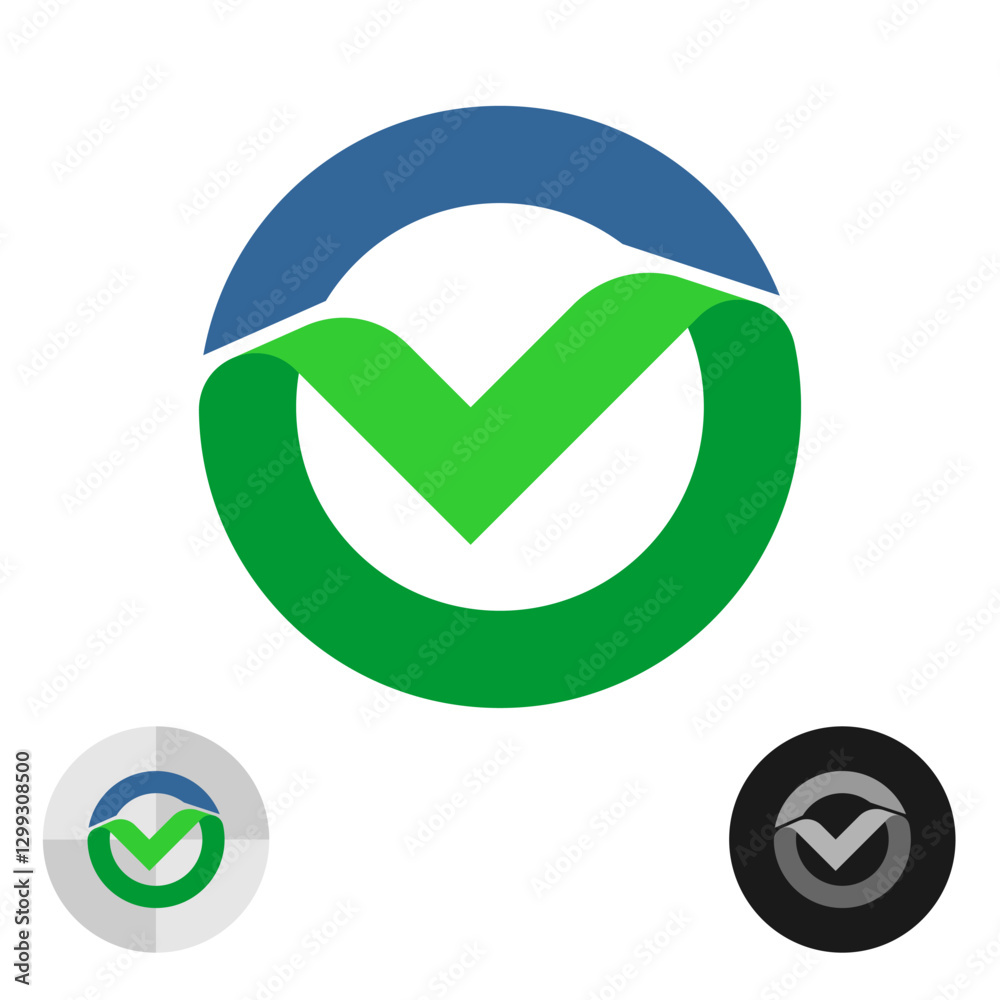 Stylized wide line check box 3D symbol in a round frame. Ribbon style blue circle with teared off green sharp checkbox logo. Approve property icon. Stylized wide line check box 3D symbol in a round frame. Ribbon style blue circle with teared off green sharp checkbox logo. Approve property icon.